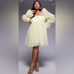 ASOS LUXE Curve tulle baby doll dress with pearl embellishment in buttermilk